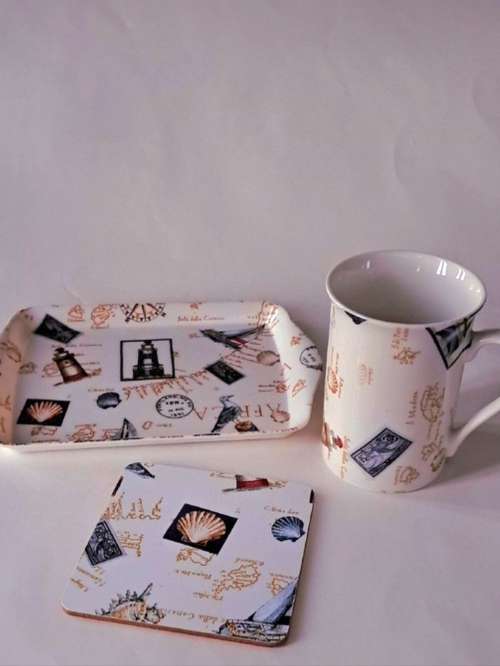 Nantucket Nautical Lighthouse Seashells Theme Mug Coaster Oblong Tray Set NWOT